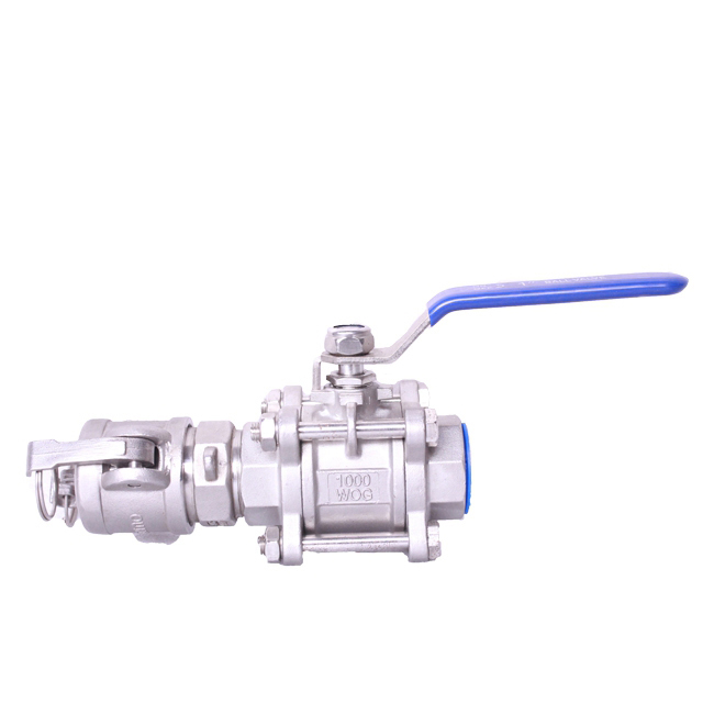Three piece ball valve with quick coupling